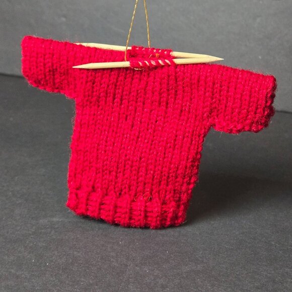 Mini Red Knit Christmas Sweater Ornament With Needles Nordic Snowflake 3" - Picture 2 of 5